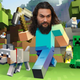 Jason Momoa's face on Minecraft Steve's body runs through the world of Minecraft in Minecraft movie.